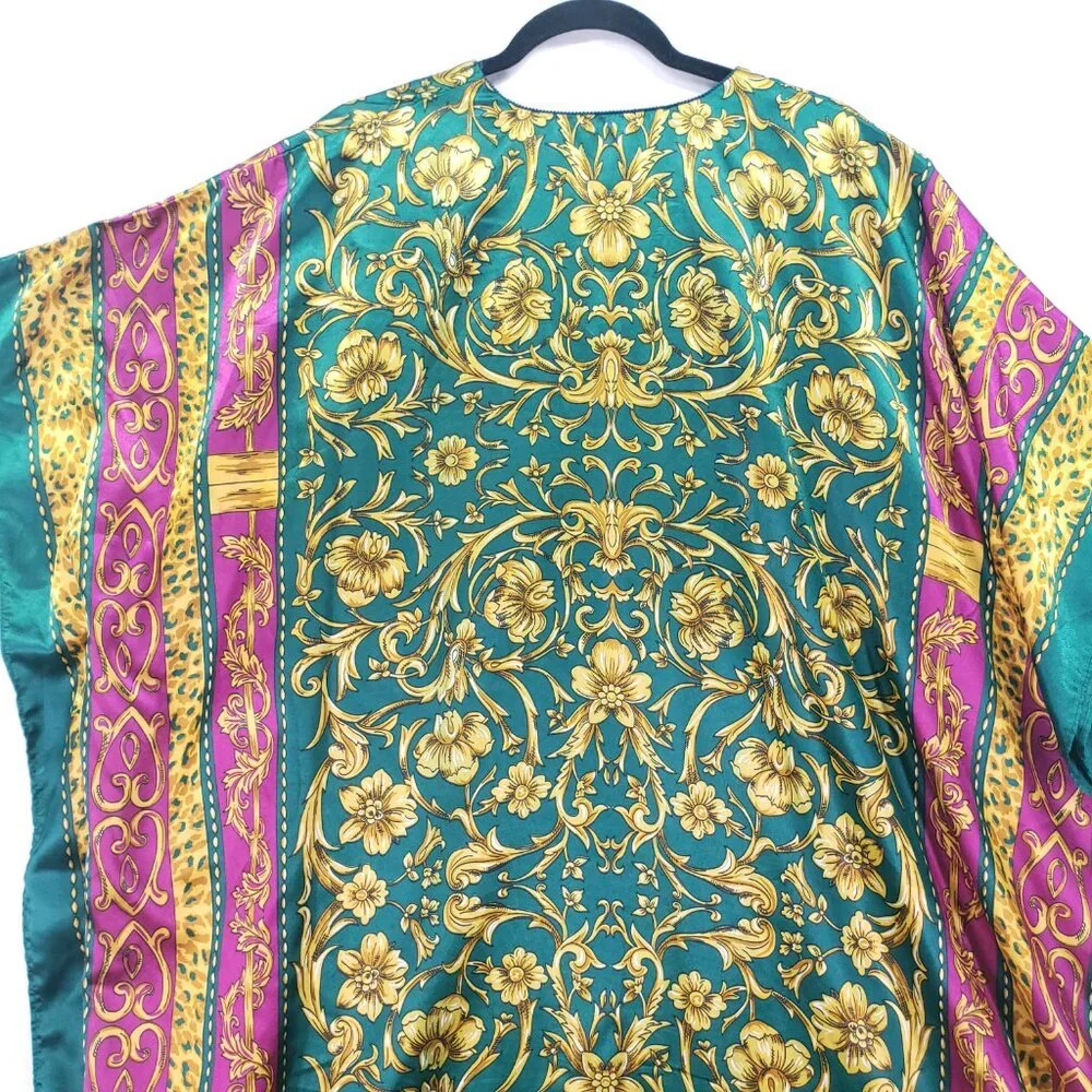 Winlar Multicolor Colorful Bold Boho Satin Floral Moo Moo Kaftan Maxi Dress - Picture 9 of 10